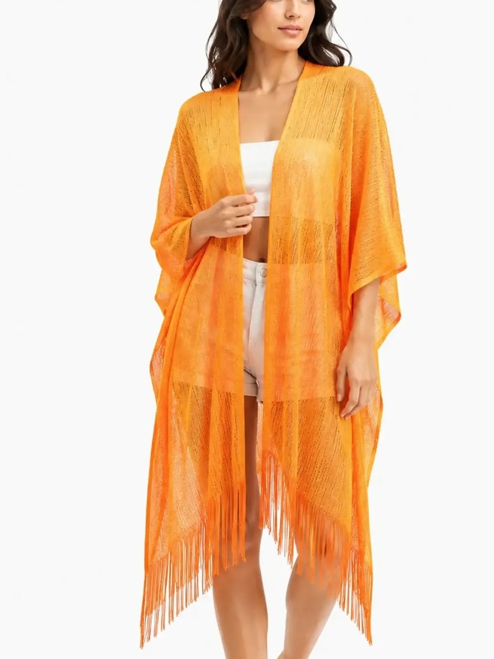 Open-Front Sheer Fringe Kimono Cardigan - Orange
